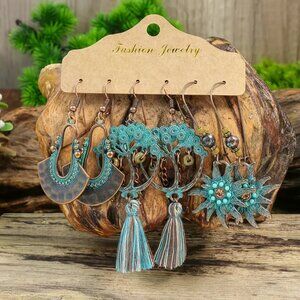 3 Pair Bohemian Bronze Turquoise Earrings